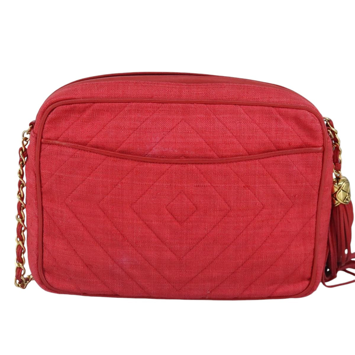 CHANEL Chain Shoulder Bag Canvas Red Gold CC Auth bs19429