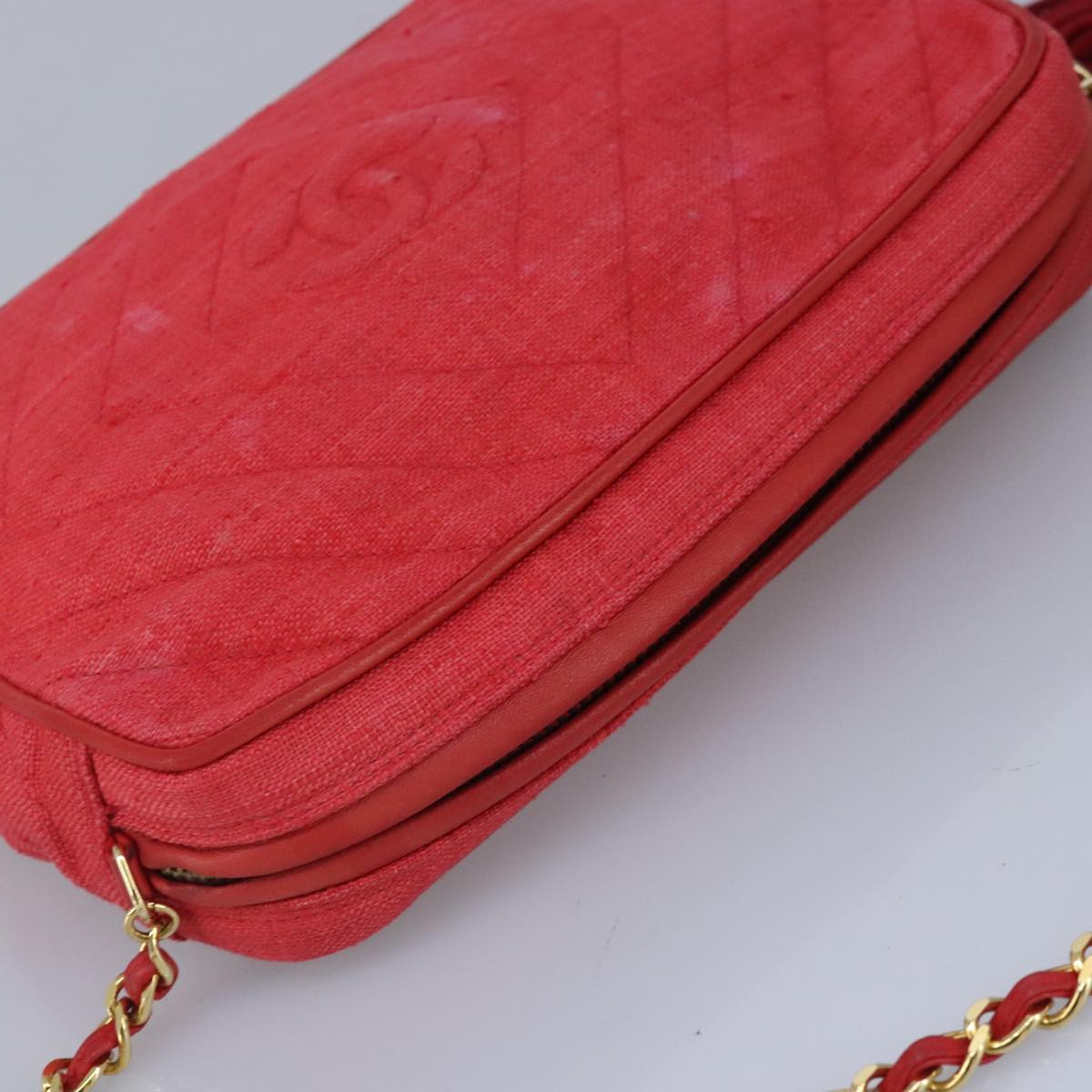 CHANEL Chain Shoulder Bag Canvas Red Gold CC Auth bs19429