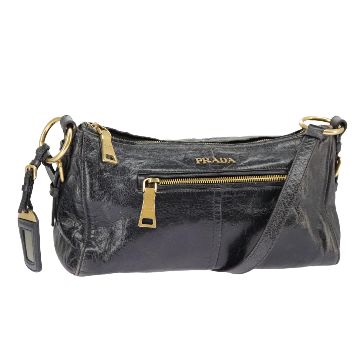 PRADA Shoulder Bag Leather Black Gold Auth bs19452