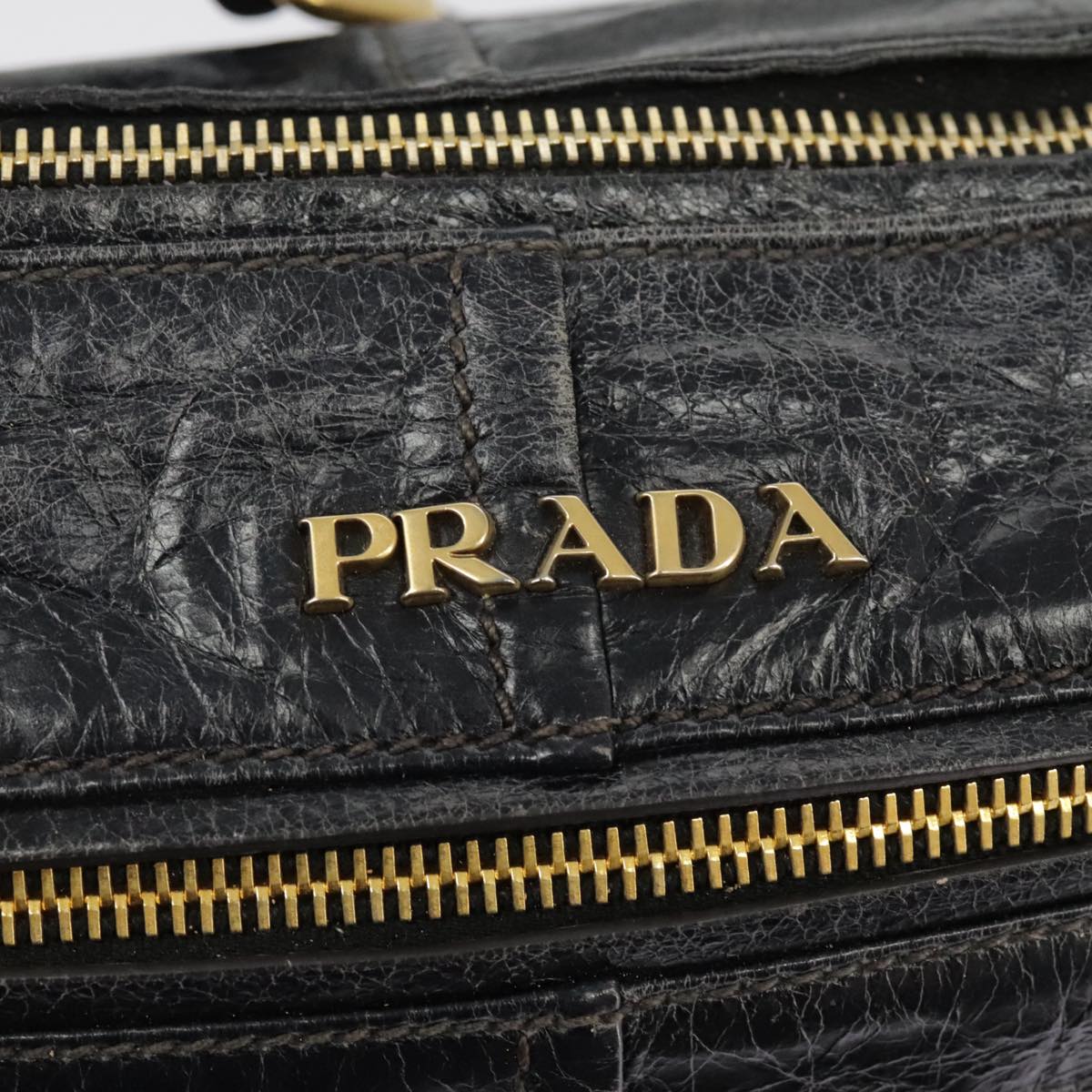 PRADA Shoulder Bag Leather Black Gold Auth bs19452