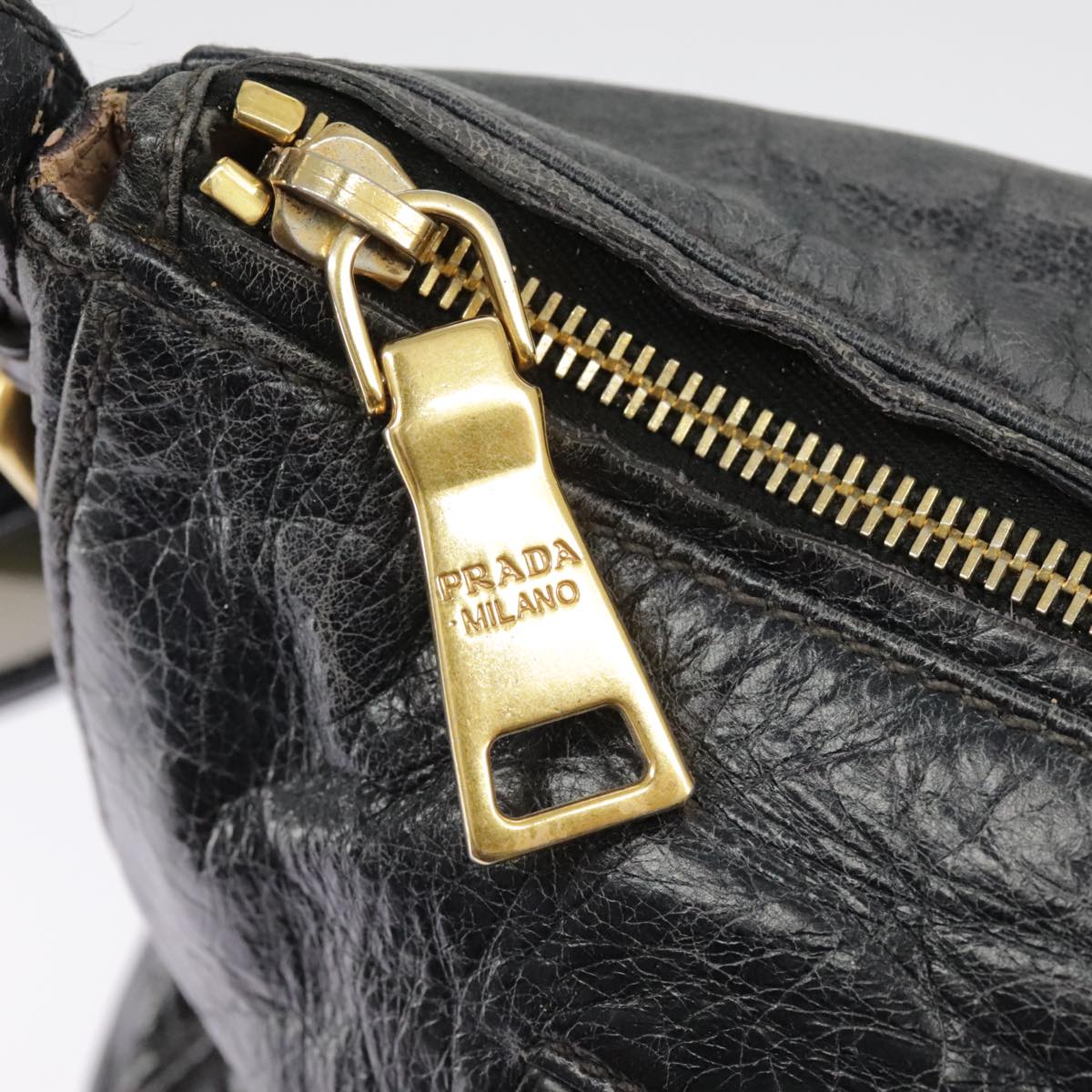 PRADA Shoulder Bag Leather Black Gold Auth bs19452