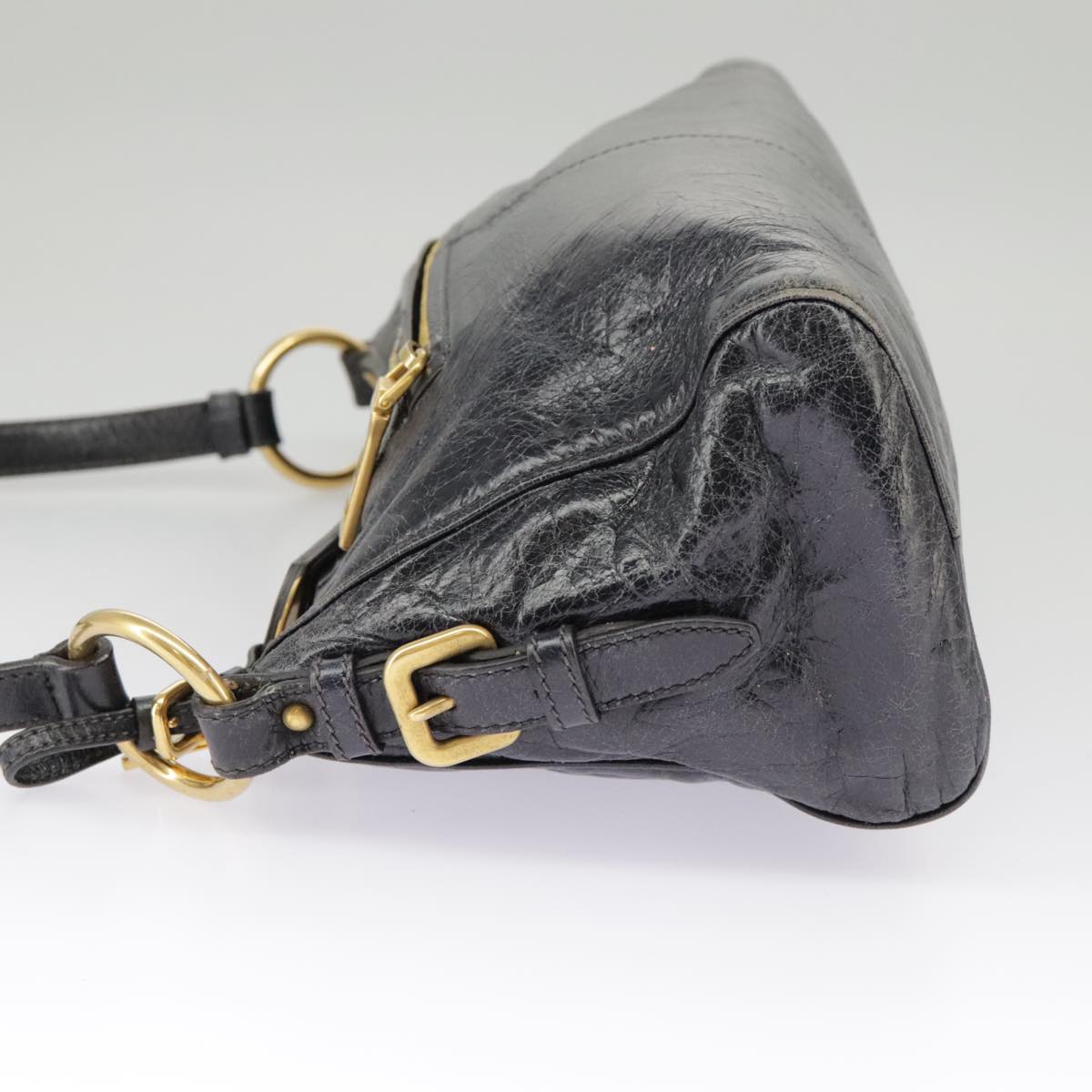 PRADA Shoulder Bag Leather Black Gold Auth bs19452