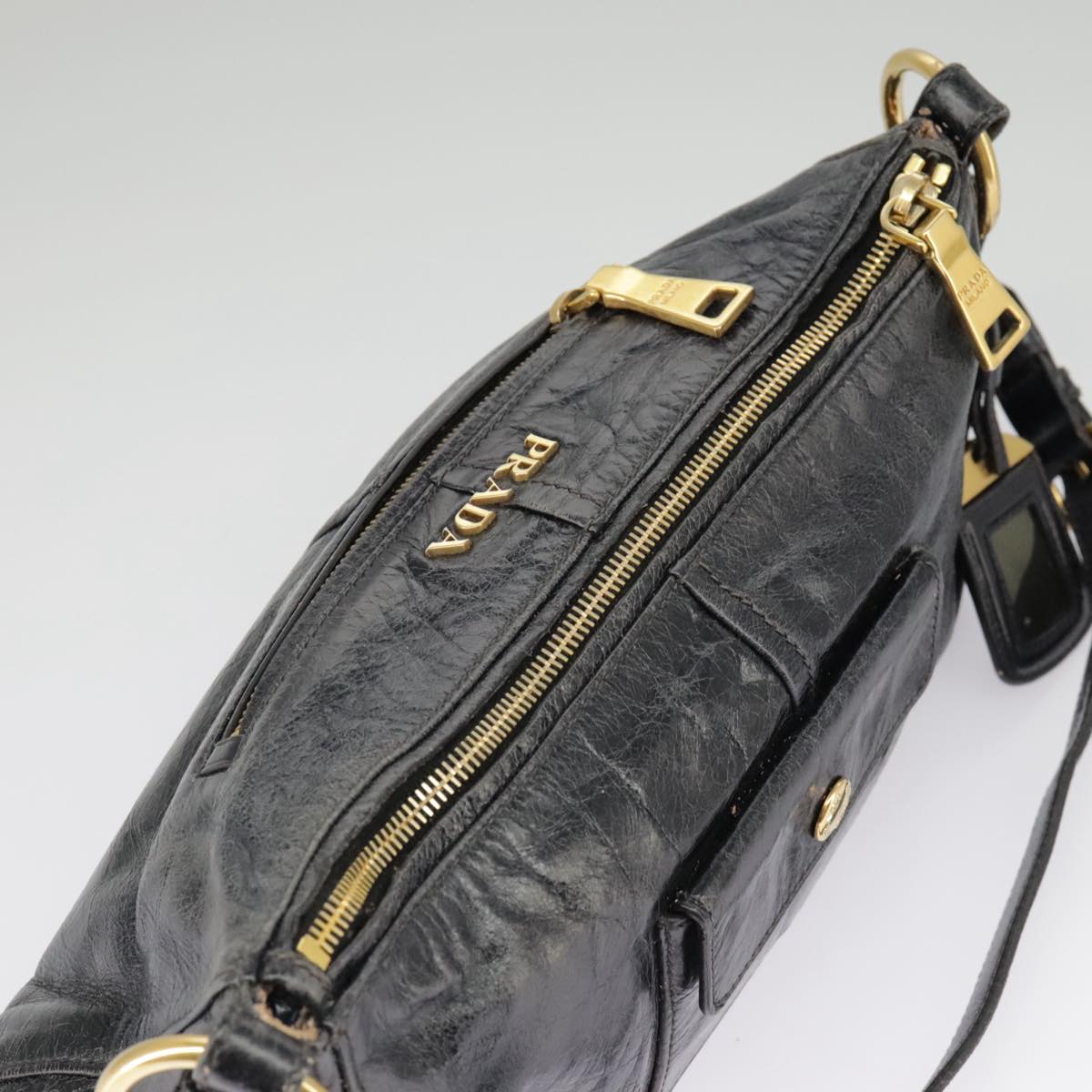 PRADA Shoulder Bag Leather Black Gold Auth bs19452