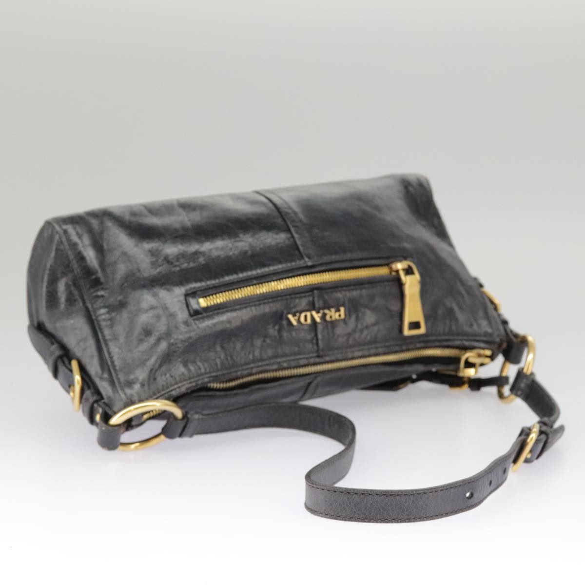 PRADA Shoulder Bag Leather Black Gold Auth bs19452