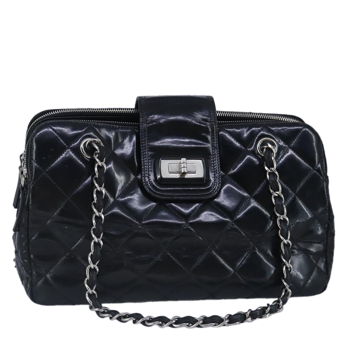 CHANEL Chain Shoulder Bag Patent leather Black Silver CC Auth bs19455