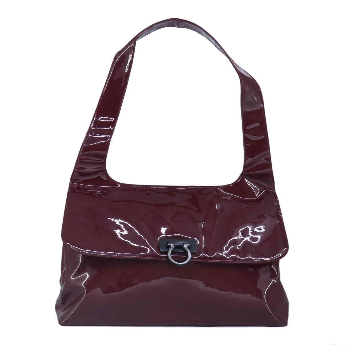 Salvatore Ferragamo Gancini Shoulder Bag Enamel Wine Red Auth bs19494