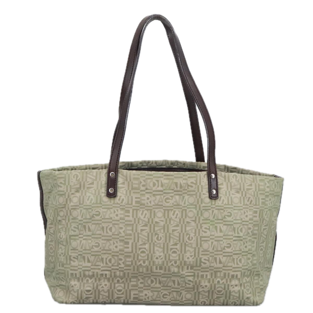 Salvatore Ferragamo Gancini Tote Bag Canvas Green Brown Silver Auth bs19496