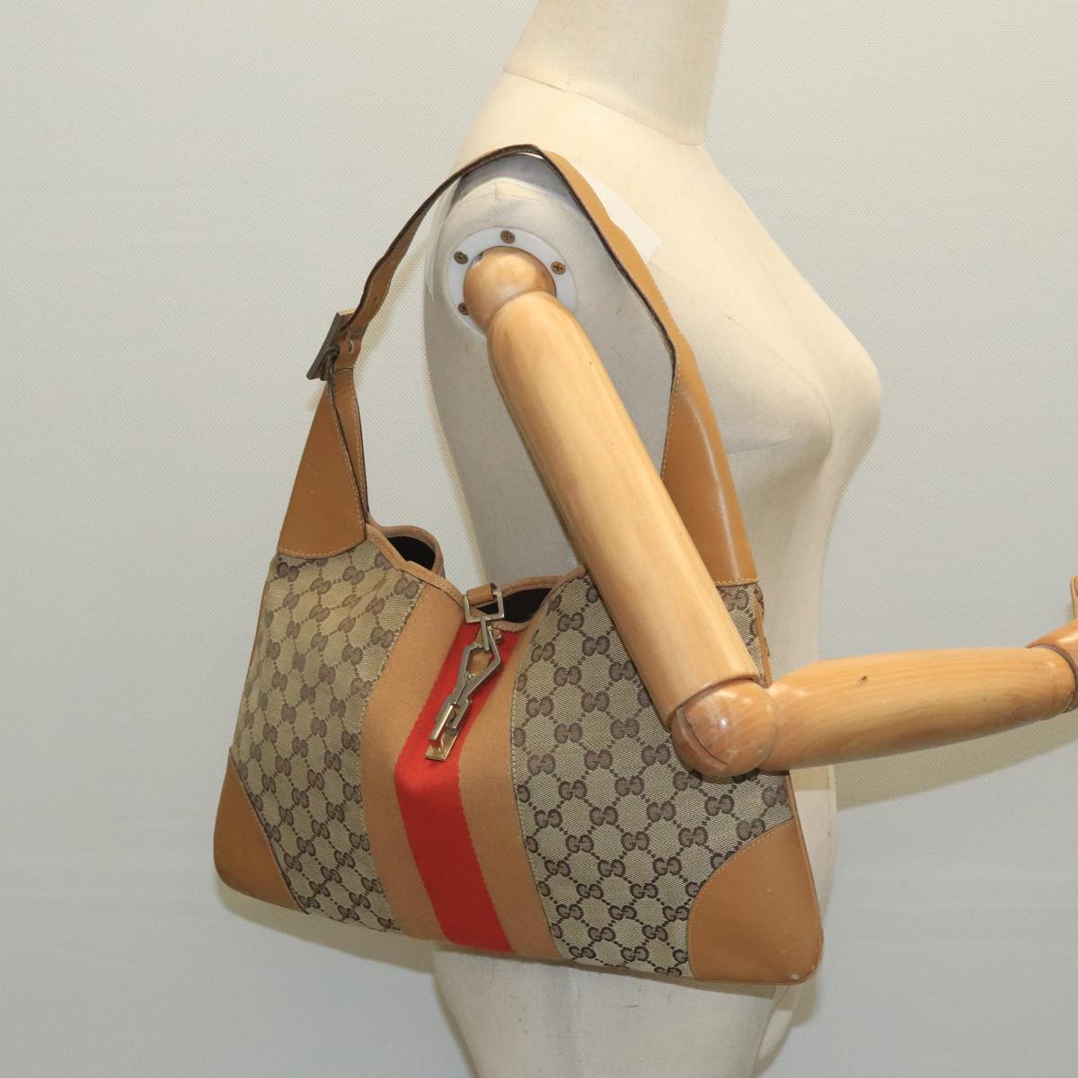 GUCCI GG Canvas Sherry Line Jackie Shoulder Bag Beige Red 001 4075 Auth bs19585