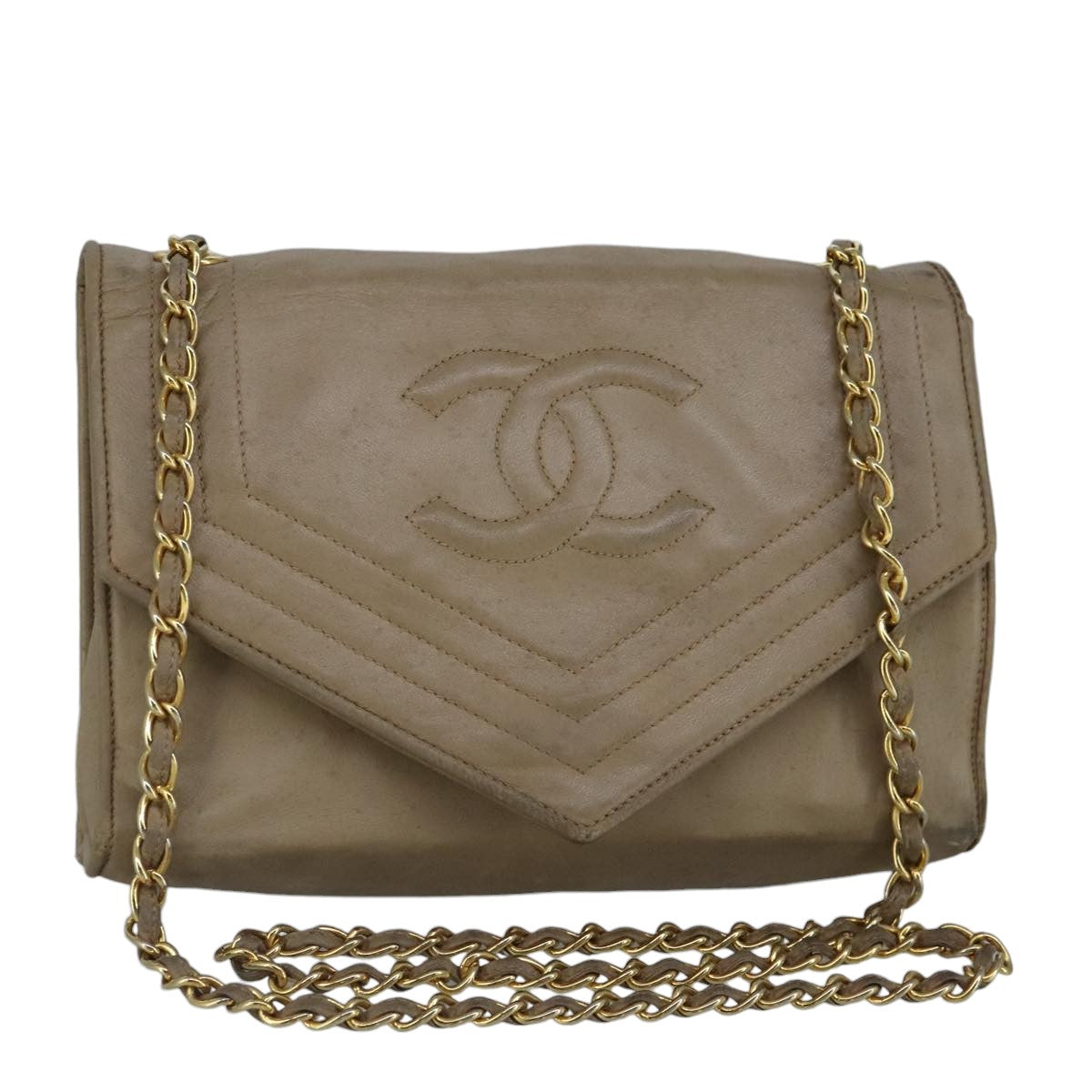 CHANEL Chain Shoulder Bag Lamb Skin Beige Gold CC Auth bs19652