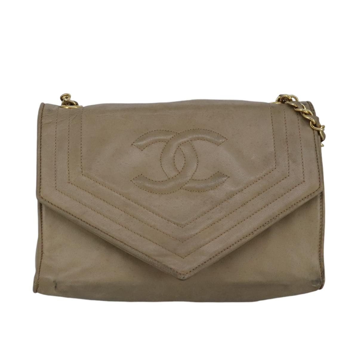 CHANEL Chain Shoulder Bag Lamb Skin Beige Gold CC Auth bs19652