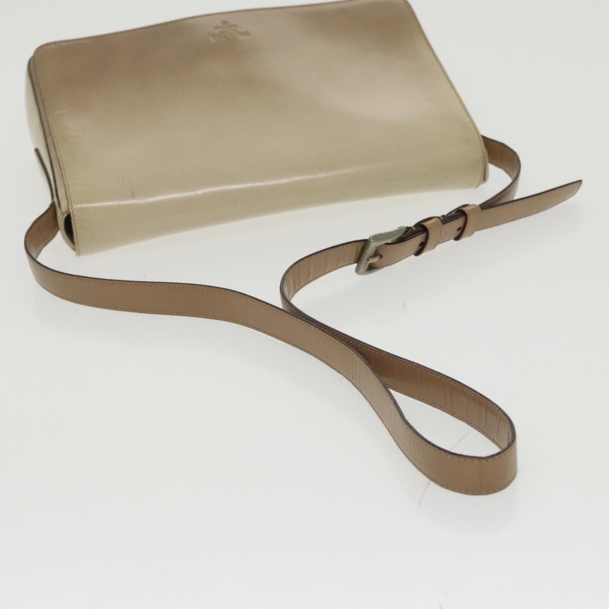 PRADA Shoulder Bag Patent leather Beige Silver Auth bs19663