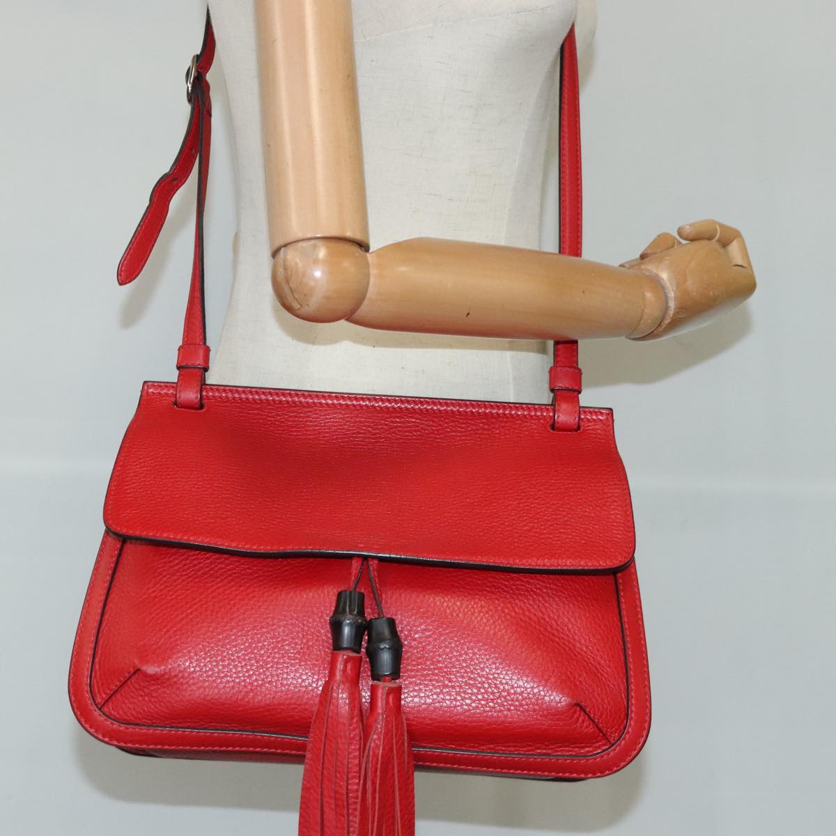 GUCCI Bamboo Daily Shoulder Bag Leather Red Silver 370826 Auth bs19665