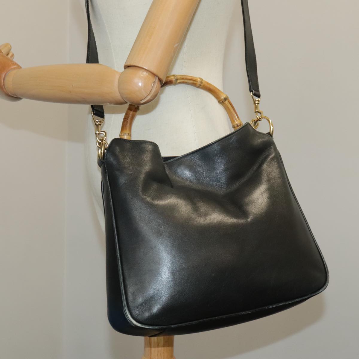 GUCCI Hand Bag Leather 2way Black Gold Auth bs19673