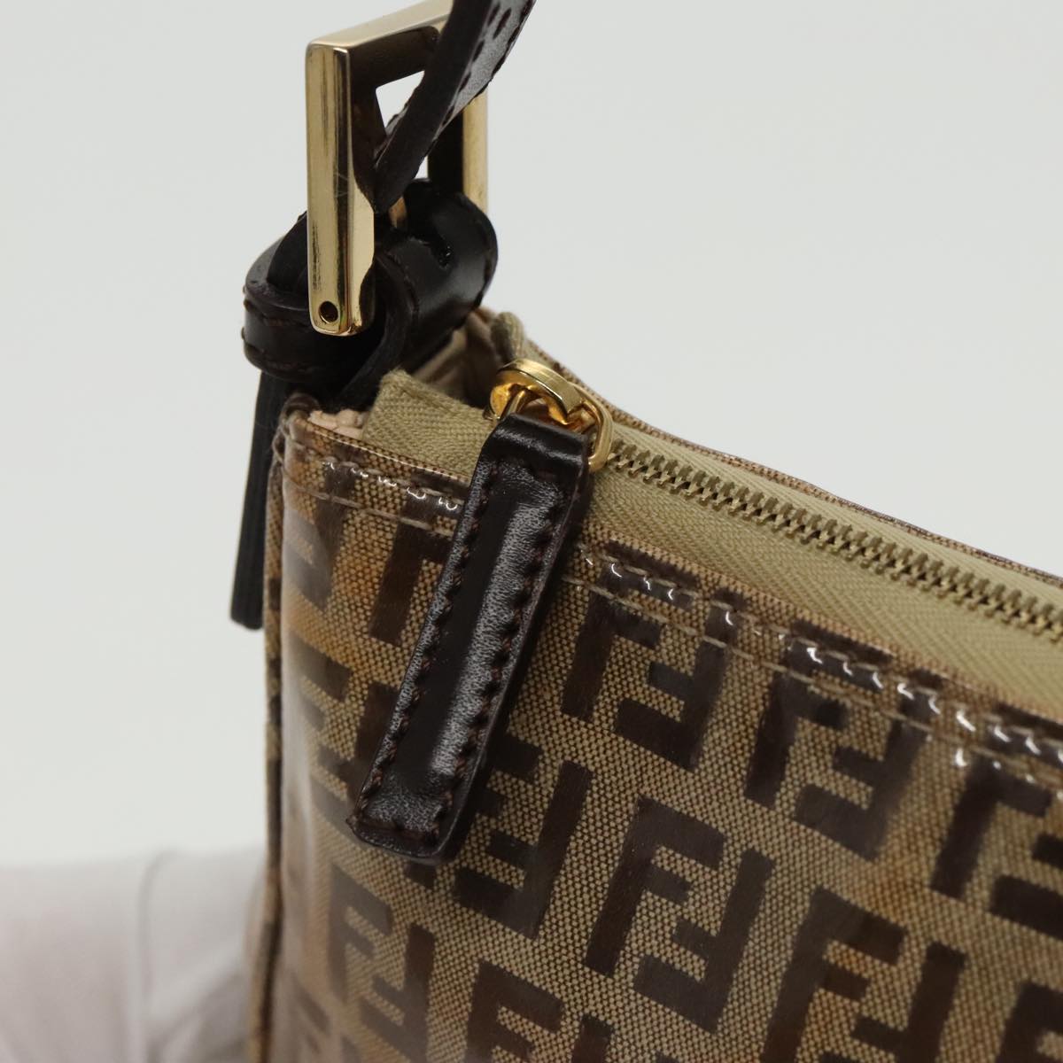 FENDI Zucchino Canvas Hand Bag Gold Brown Auth bs19698