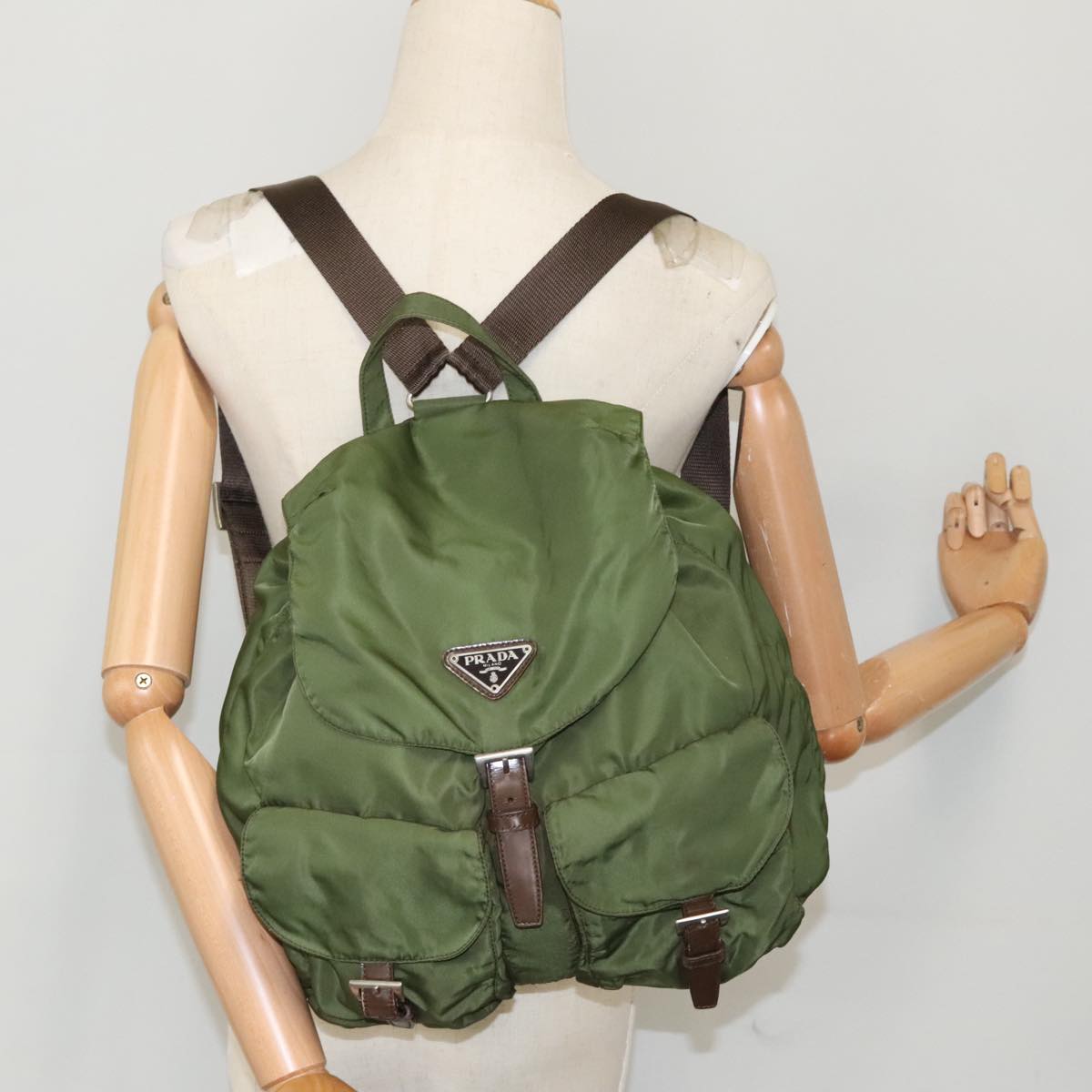 PRADA Backpack Nylon Khaki Silver Auth bs19725