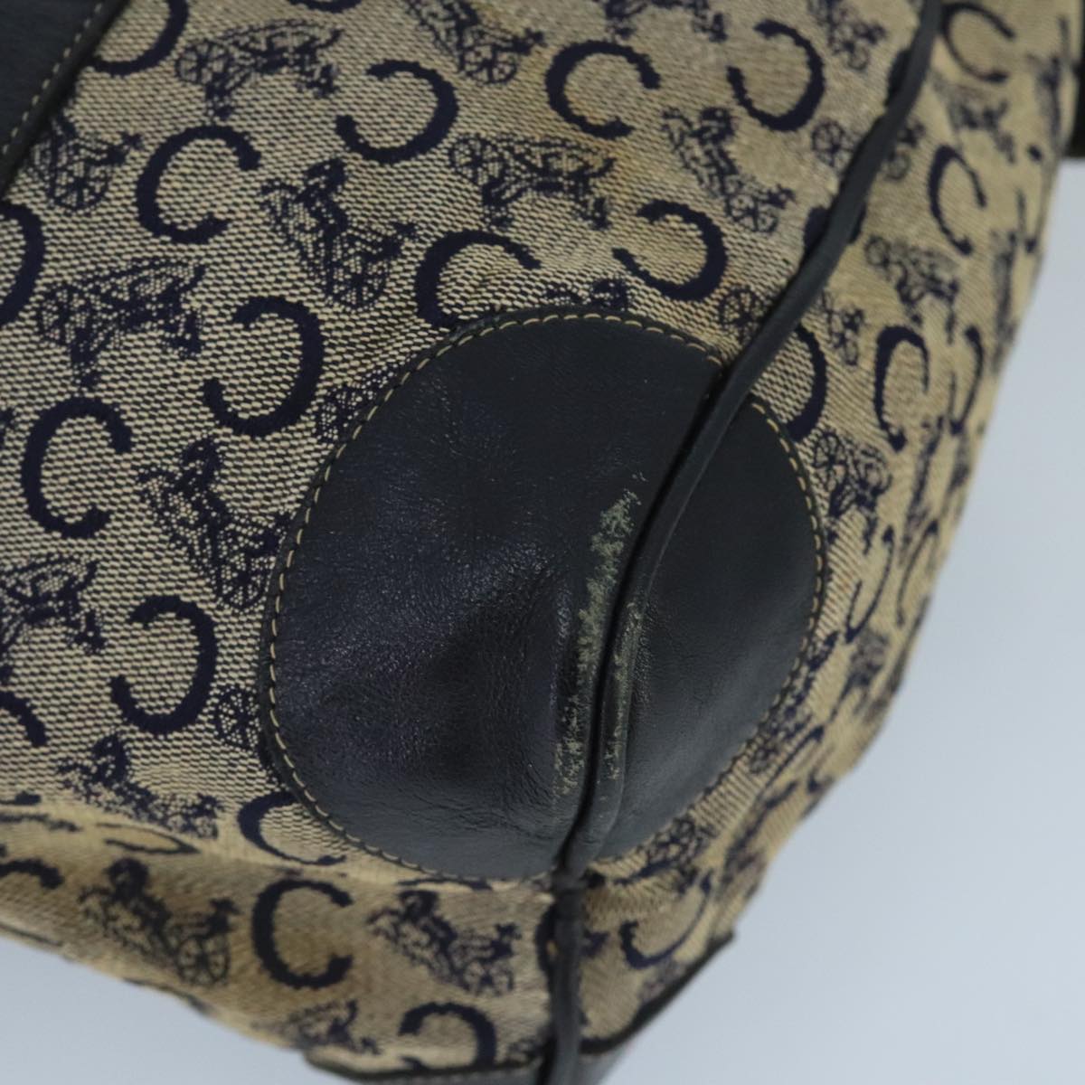 CELINE C Sulky Boston Bag Canvas Leather Navy Gold Auth bs19729