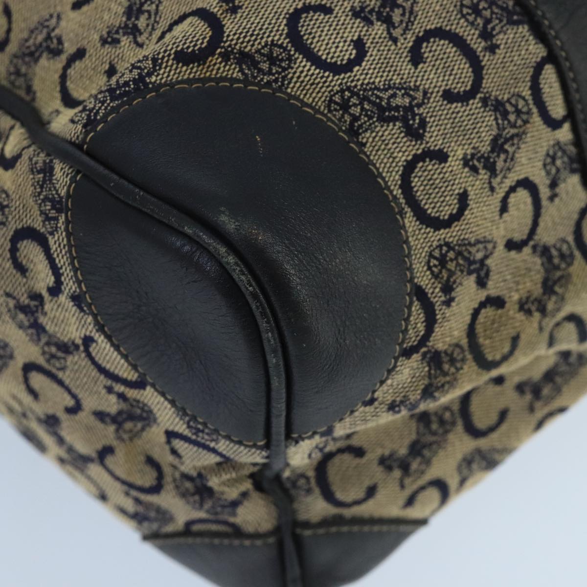 CELINE C Sulky Boston Bag Canvas Leather Navy Gold Auth bs19729