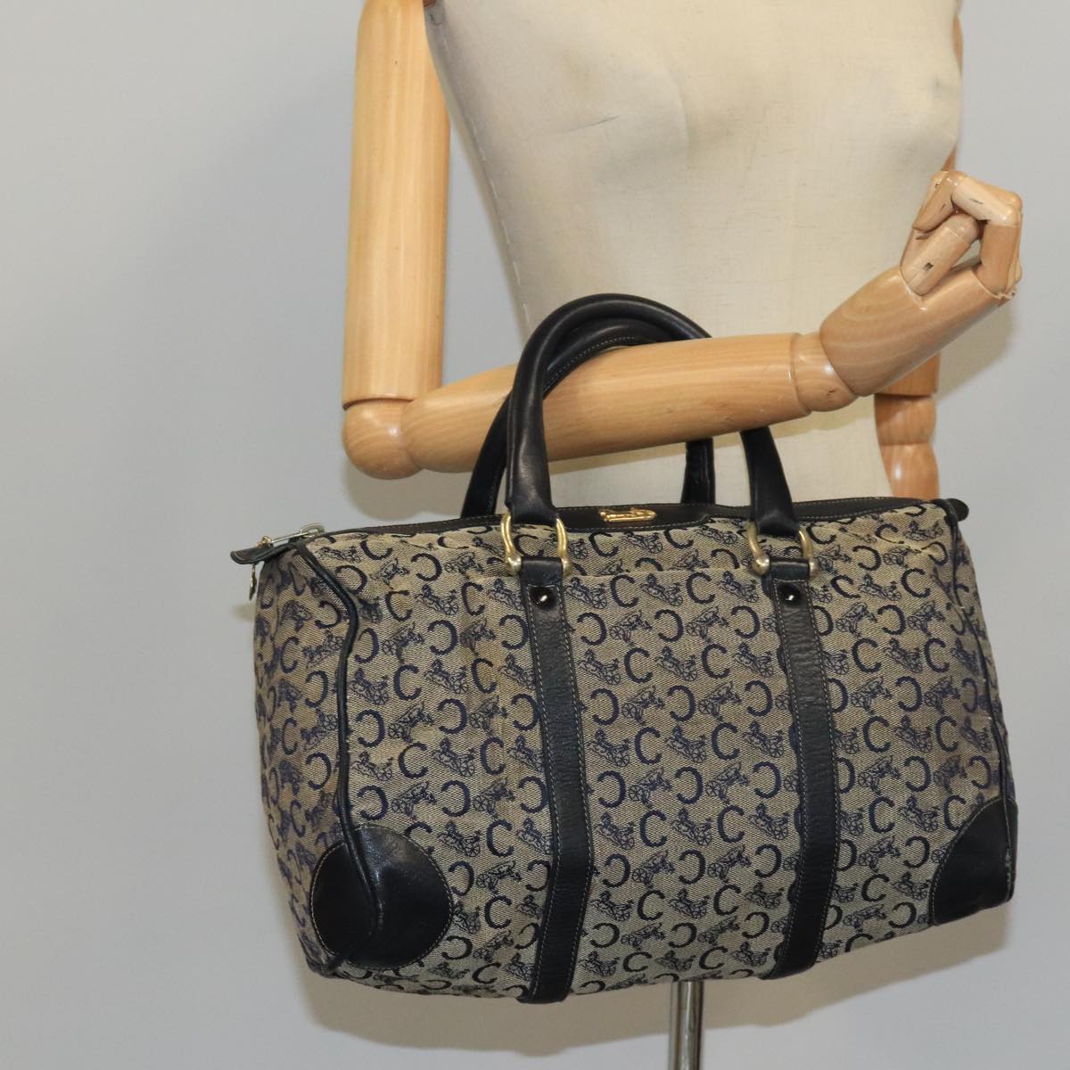 CELINE C Sulky Boston Bag Canvas Leather Navy Gold Auth bs19729