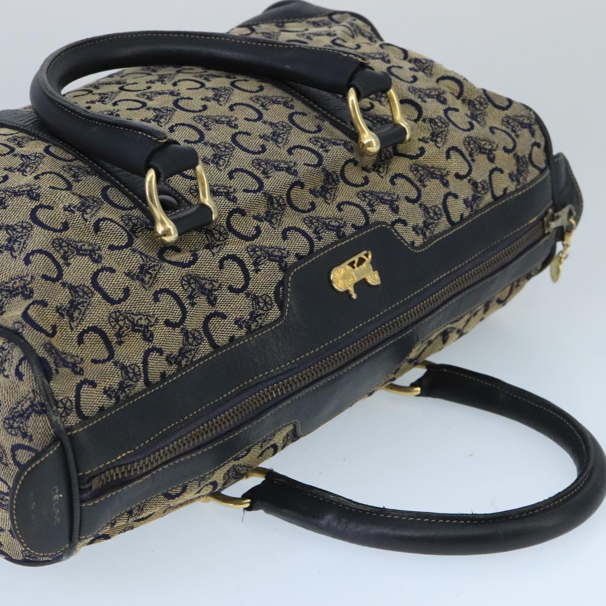 CELINE C Sulky Boston Bag Canvas Leather Navy Gold Auth bs19729
