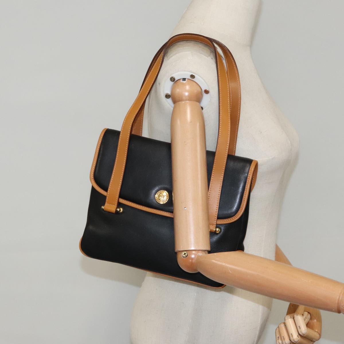 CELINE Hand Bag Leather Black Gold Auth bs19730