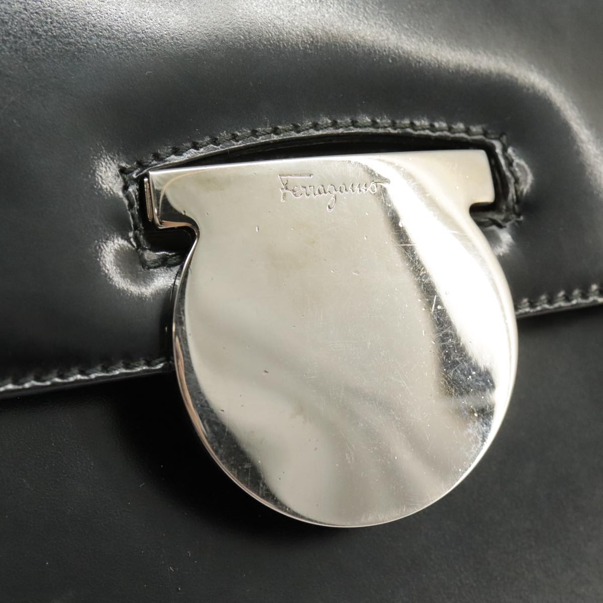 Salvatore Ferragamo Hand Bag Leather 2way Black Silver Auth bs19766