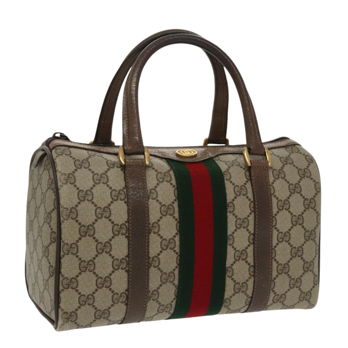 GUCCI GG Supreme Web Sherry Line Boston Bag PVC Beige 40 02 006 Auth bs19804