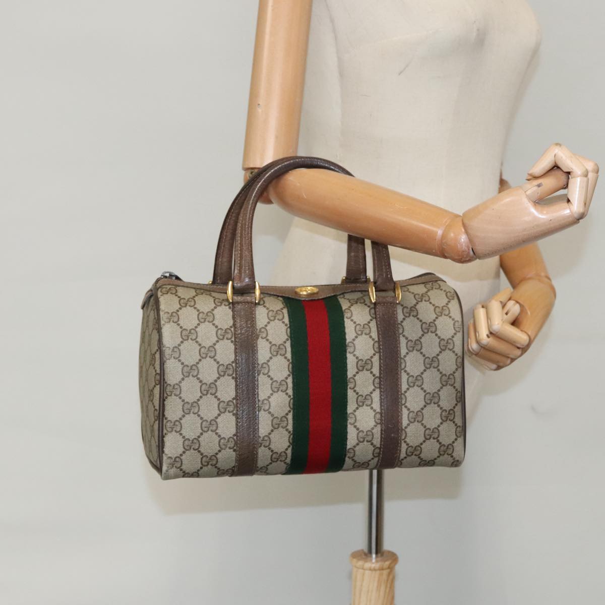 GUCCI GG Supreme Web Sherry Line Boston Bag PVC Beige 40 02 006 Auth bs19804