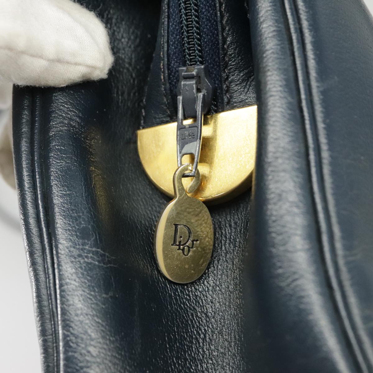 Christian Dior Shoulder Bag Leather Navy Gold Auth bs19815