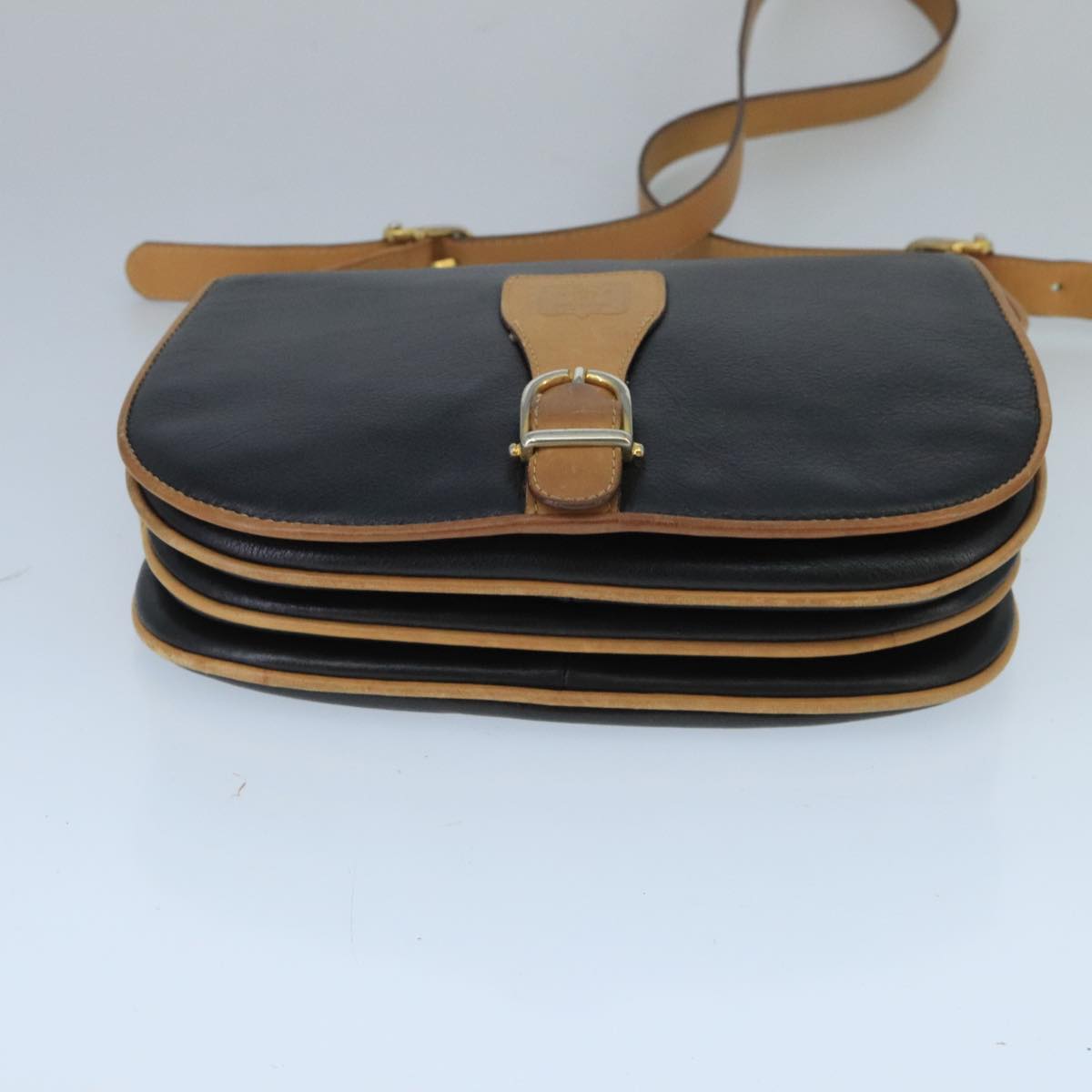 CELINE Shoulder Bag Leather Black Brown Gold Auth bs19817