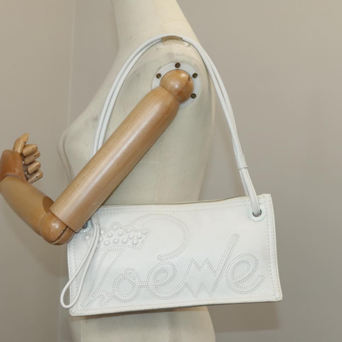 LOEWE Shoulder Bag Leather White Silver Auth bs19840