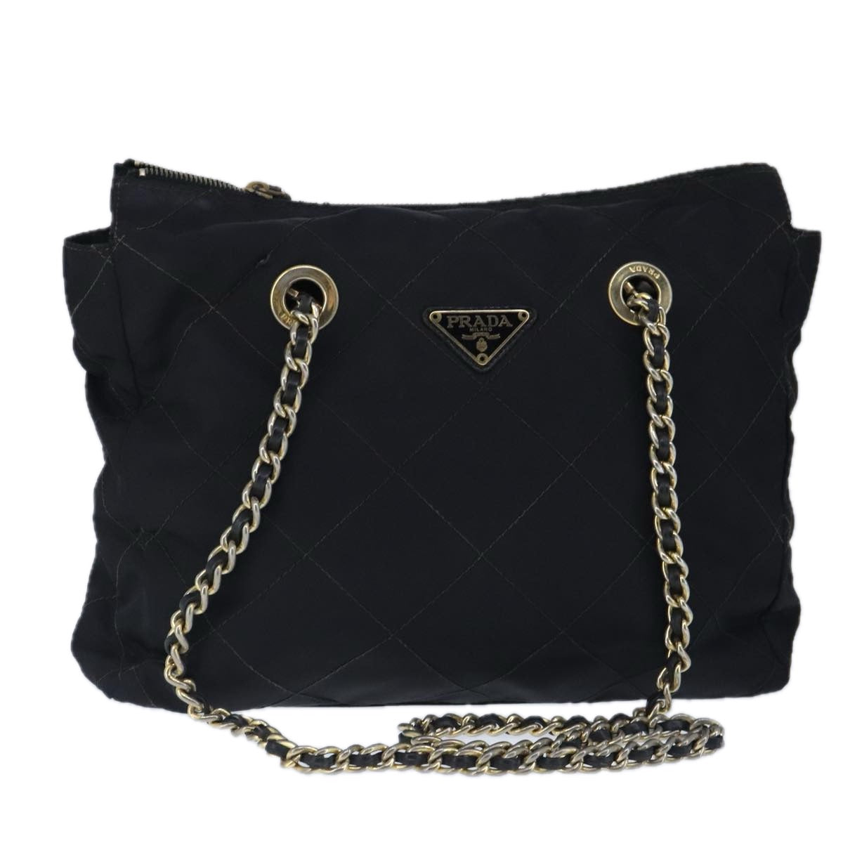 PRADA Chain Shoulder Bag Nylon Black Gold Auth bs19850