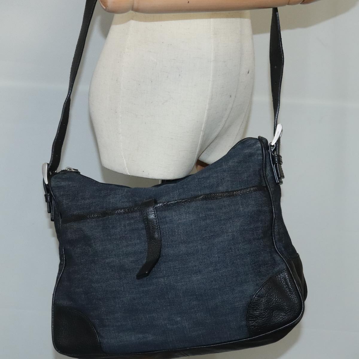 PRADA Shoulder Bag Denim Navy Silver Auth bs19858