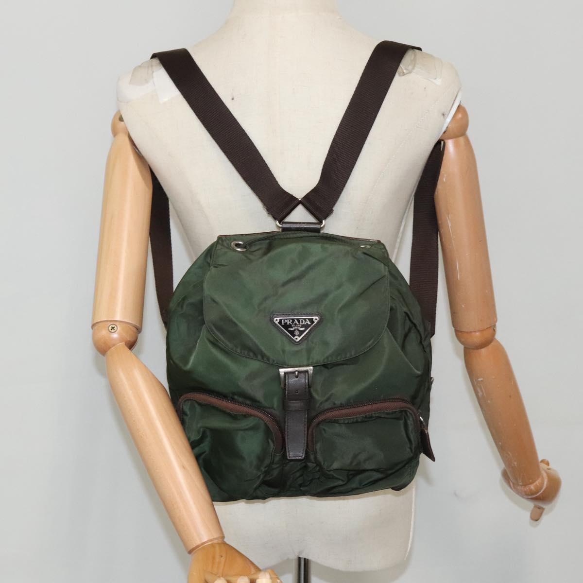 PRADA Backpack Nylon Khaki Silver Auth bs19859