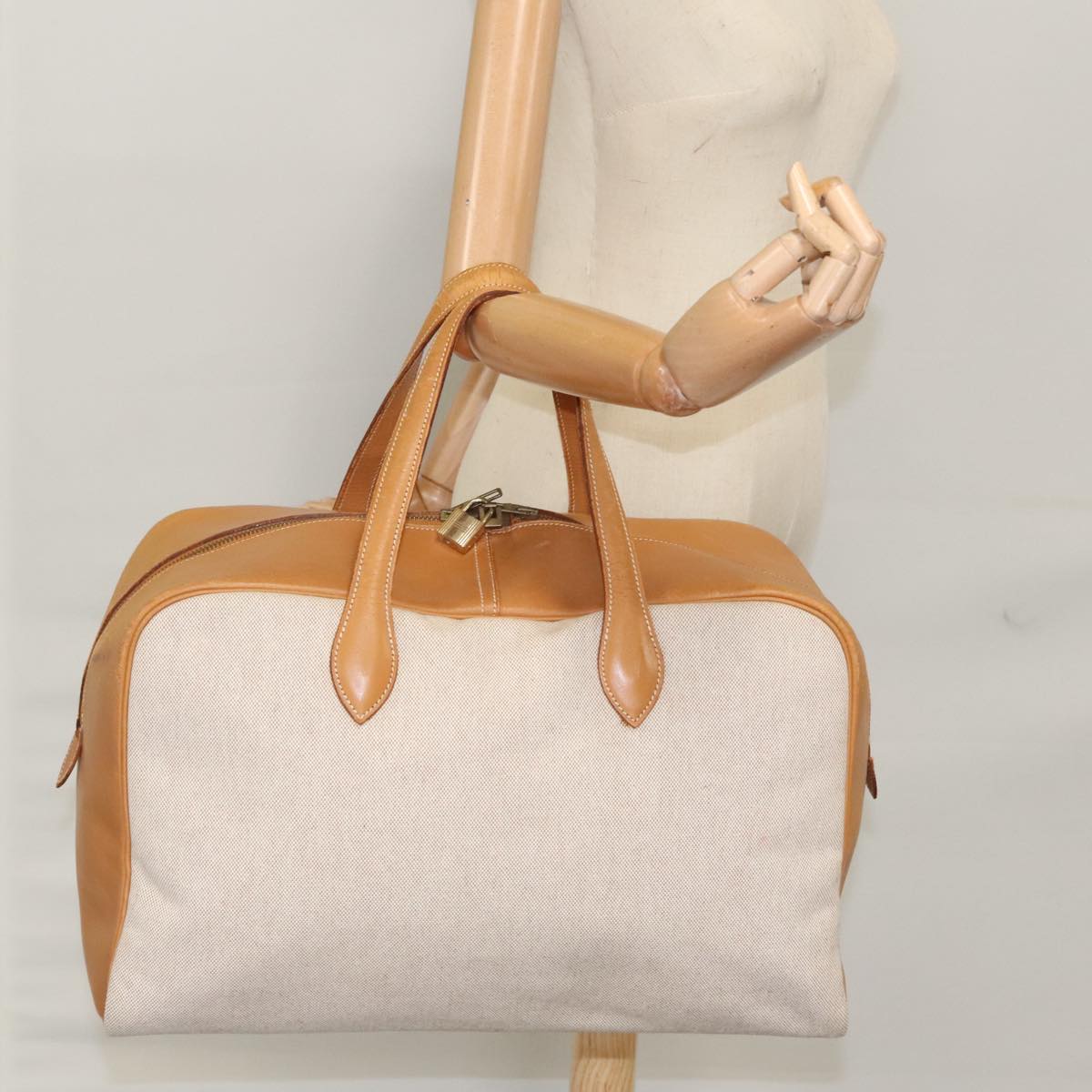 HERMES Victoria 43 Boston Bag Canvas Leather Cream Brown Auth bs19868