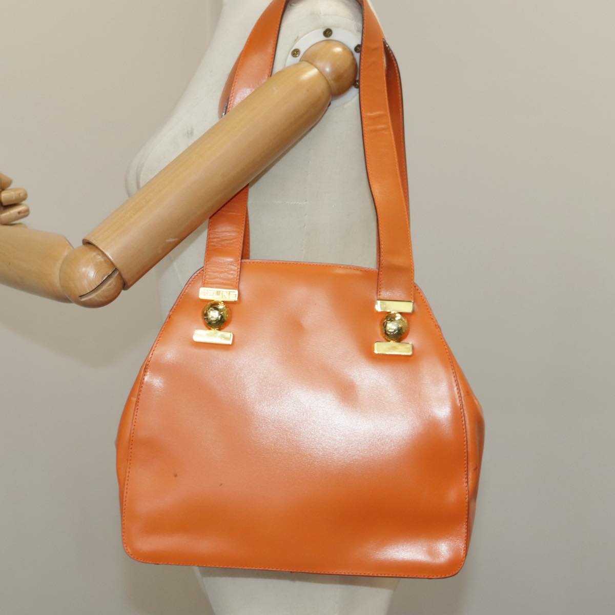 CELINE Shoulder Bag Leather Orange Gold Auth bs19882