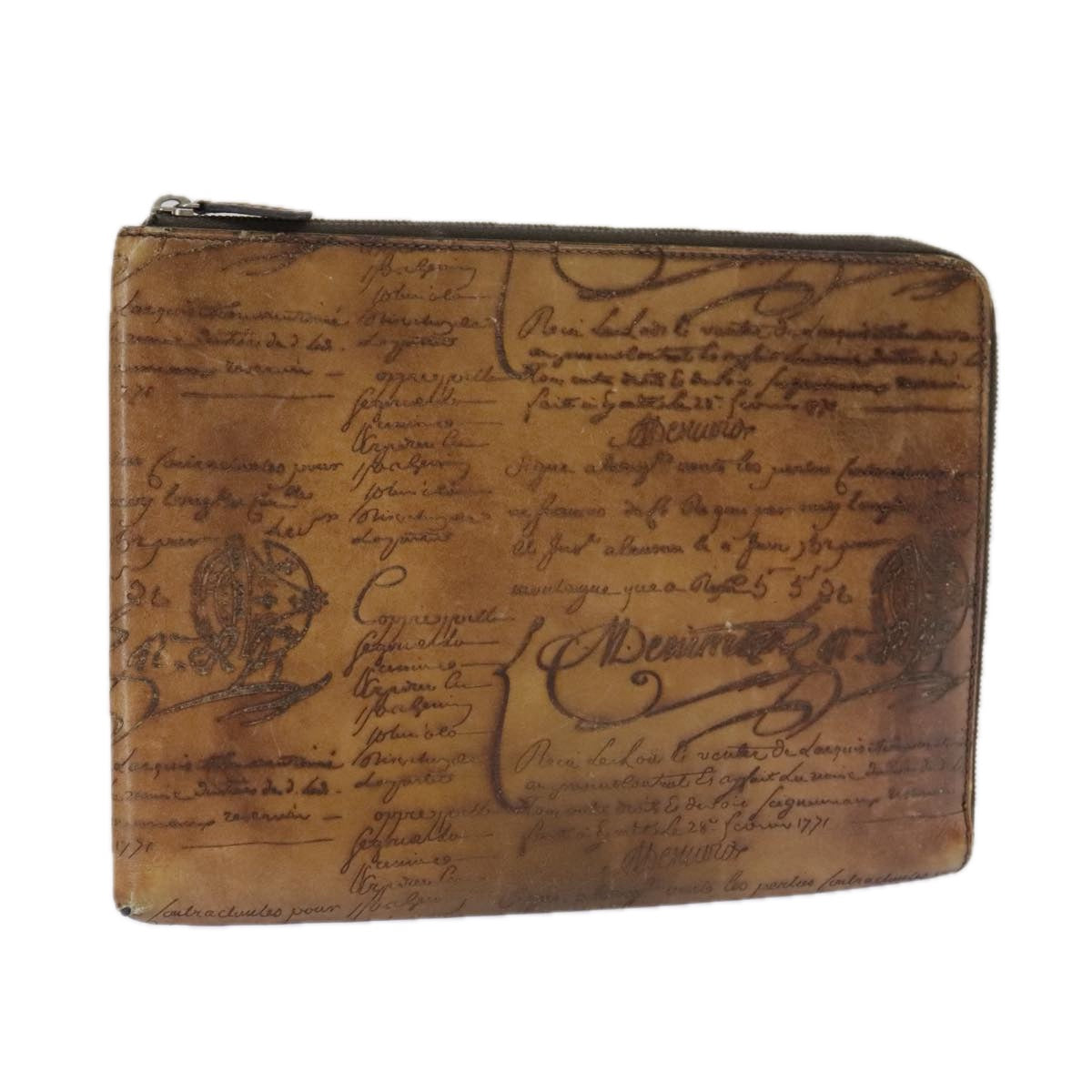 Berluti Calligraphy Clutch Bag Leather Brown Auth bs19901