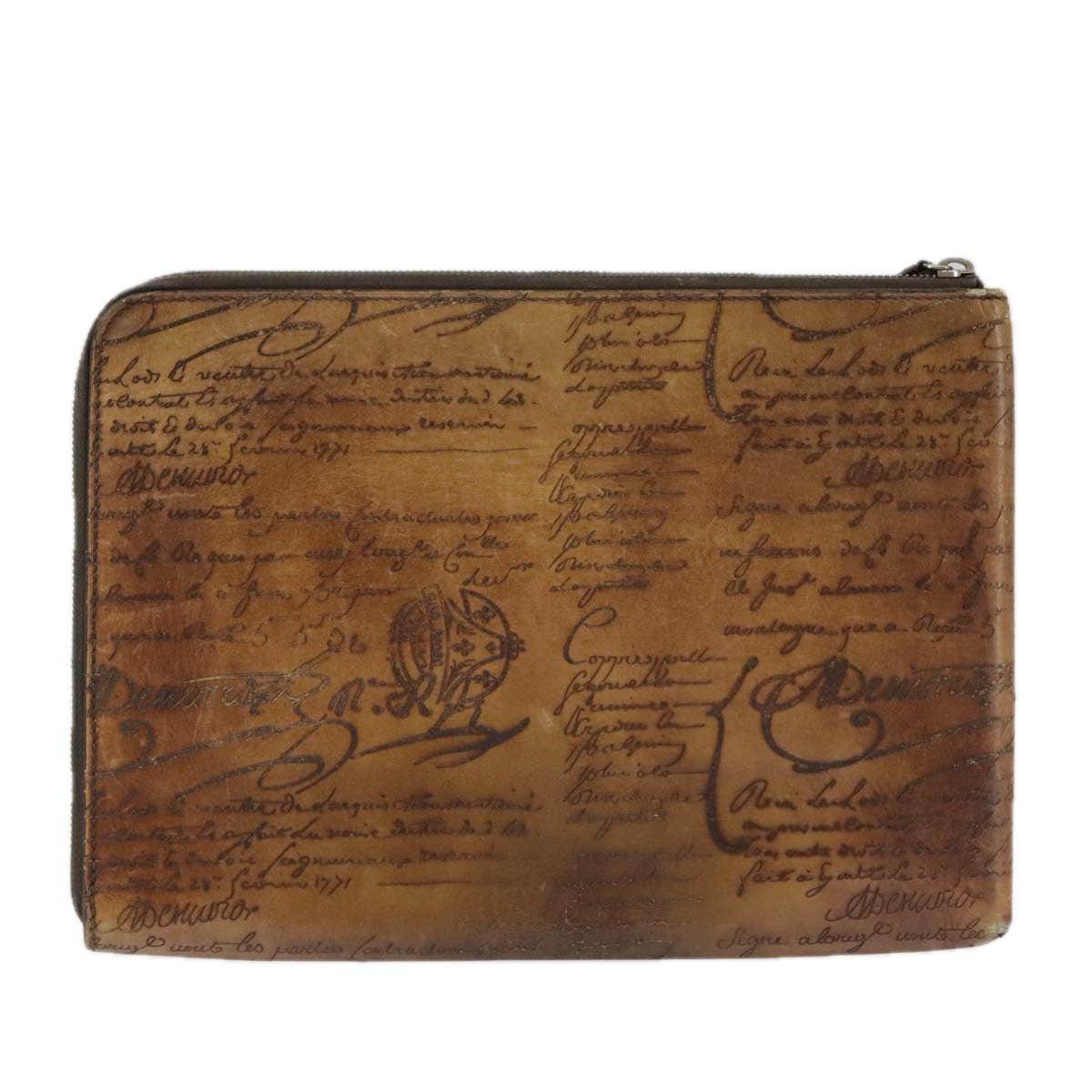 Berluti Calligraphy Clutch Bag Leather Brown Auth bs19901