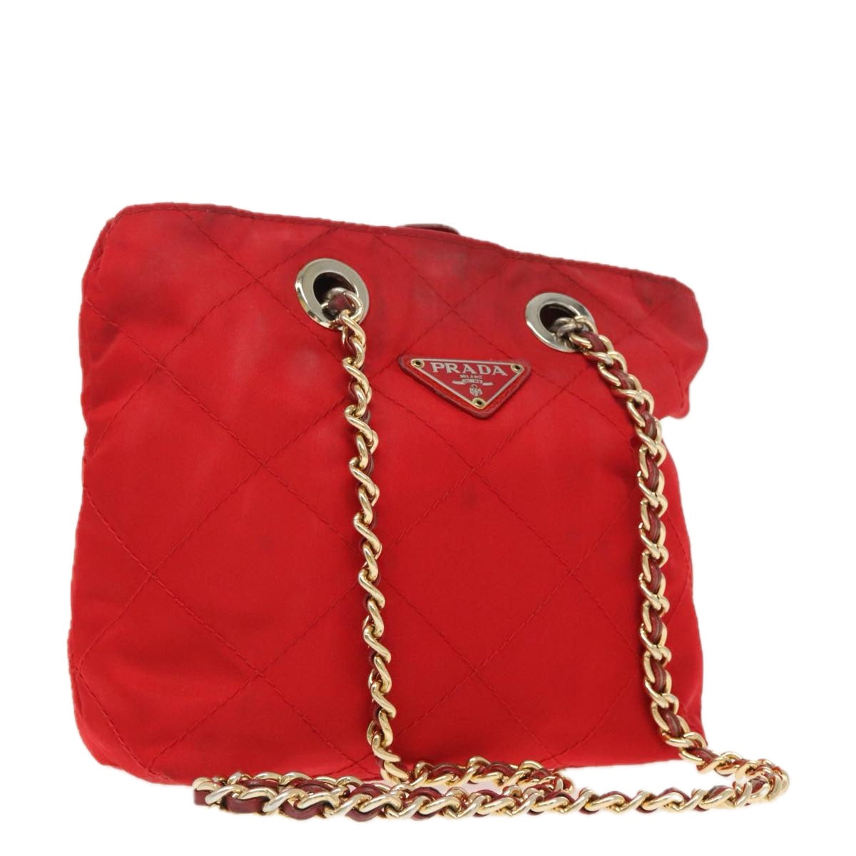 PRADA Chain Shoulder Bag Nylon Red Gold Auth bs19969