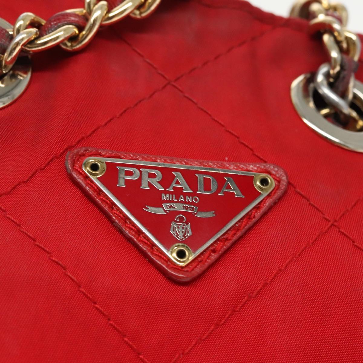 PRADA Chain Shoulder Bag Nylon Red Gold Auth bs19969