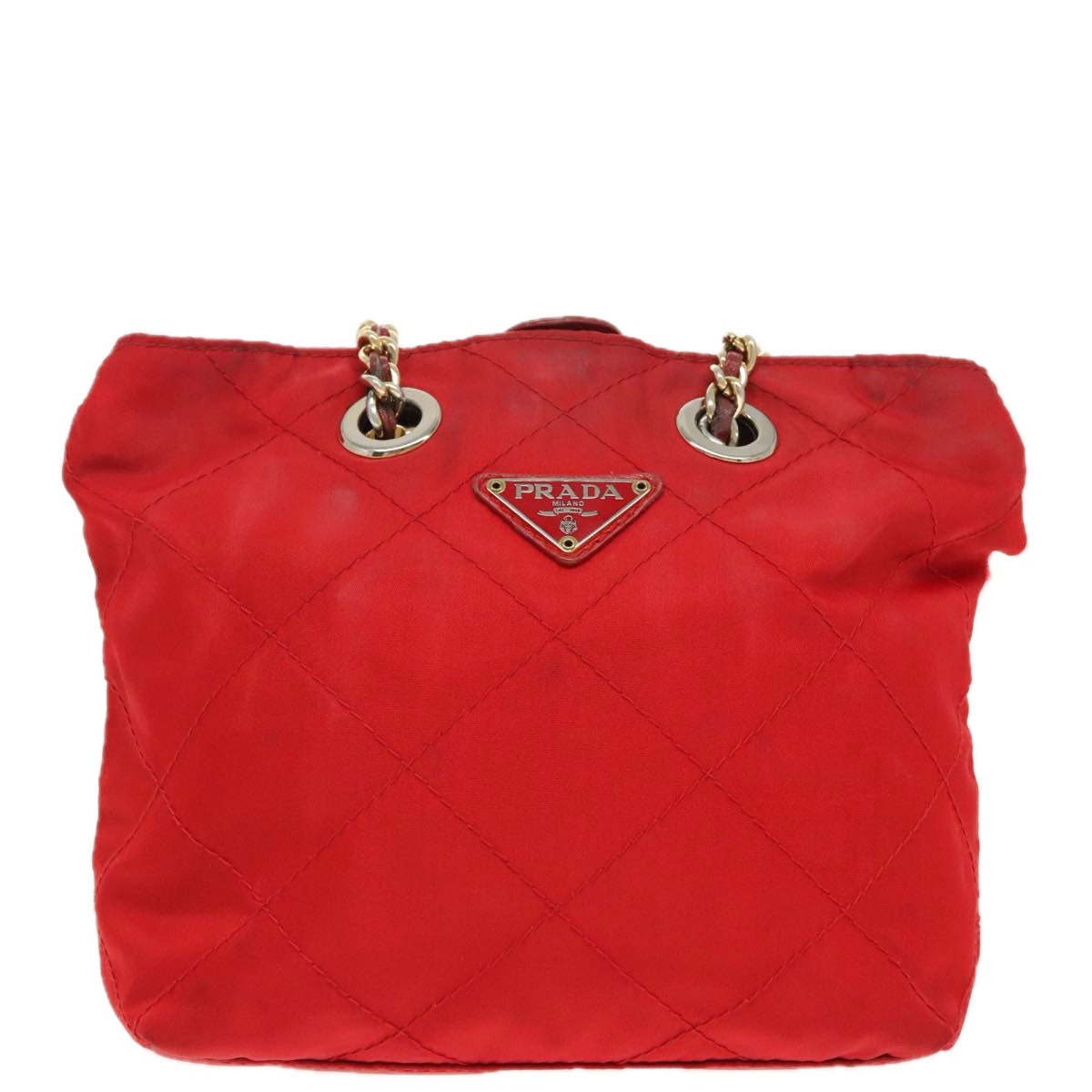 PRADA Chain Shoulder Bag Nylon Red Gold Auth bs19969