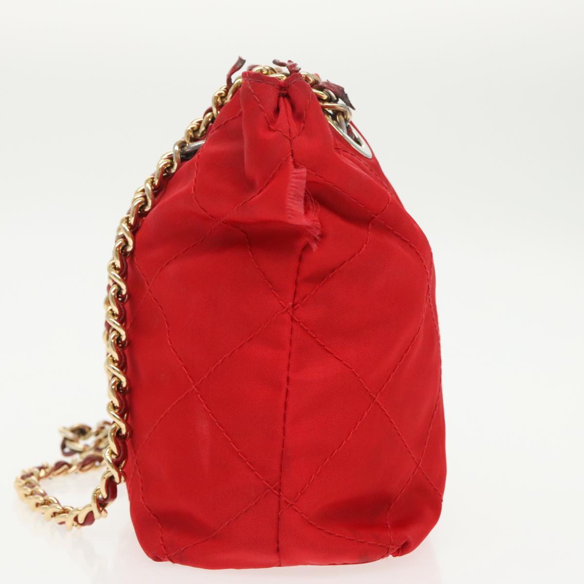 PRADA Chain Shoulder Bag Nylon Red Gold Auth bs19969