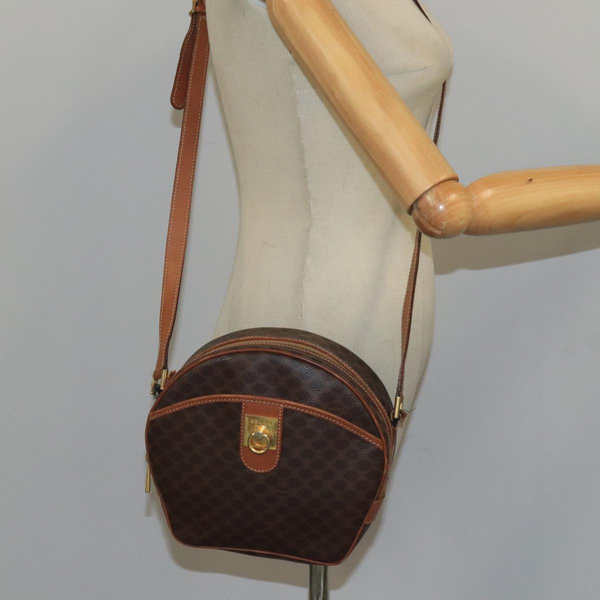 CELINE Macadam Canvas Shoulder Bag PVC Leather Brown Gold Auth bs19980