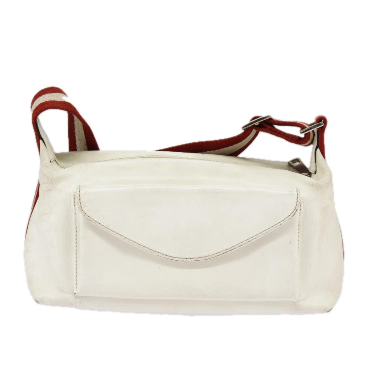 BALLY Shoulder Bag Leather Canvas White Red Silver Auth bs20018