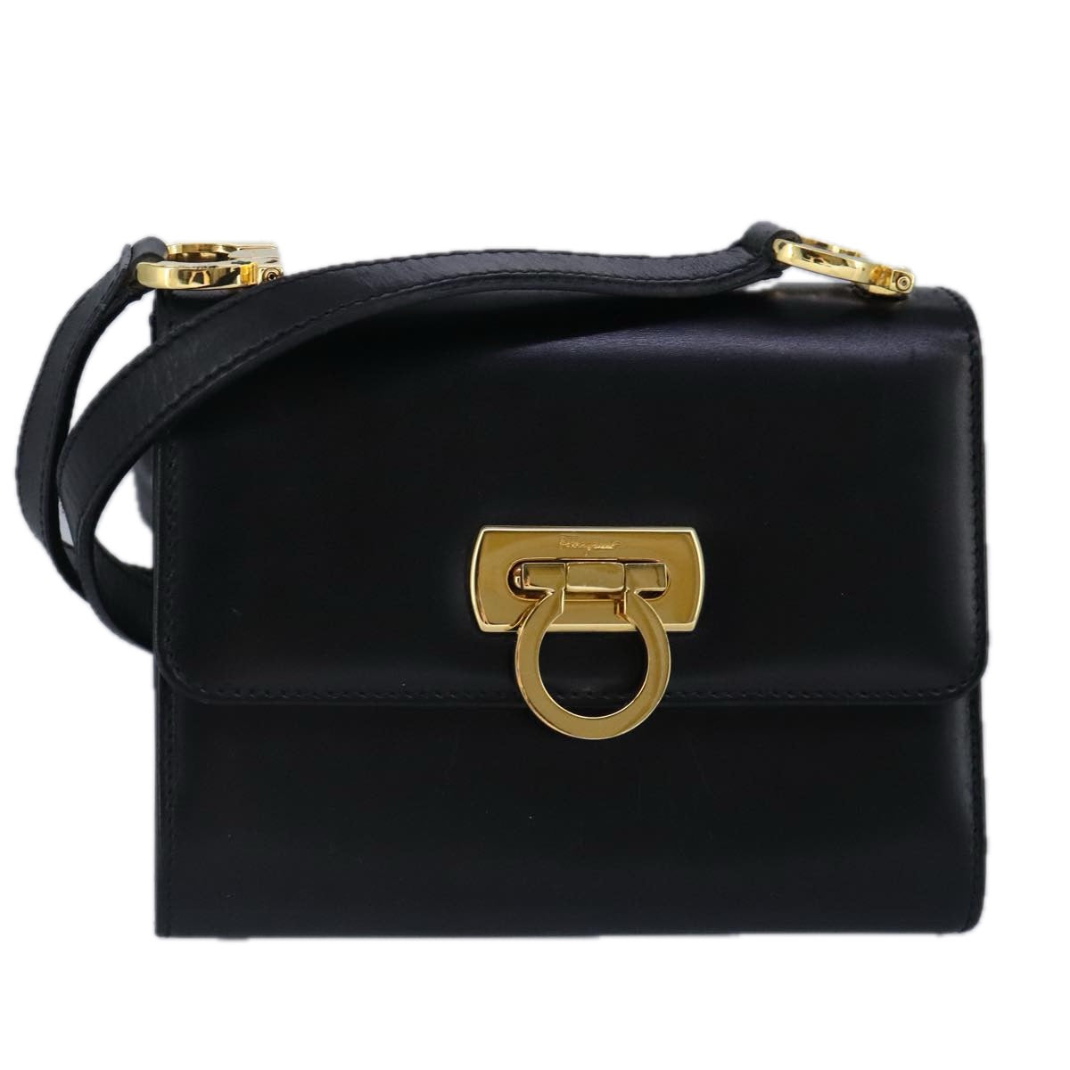 Salvatore Ferragamo Gancini Shoulder Bag Leather Black Gold Auth bs20021