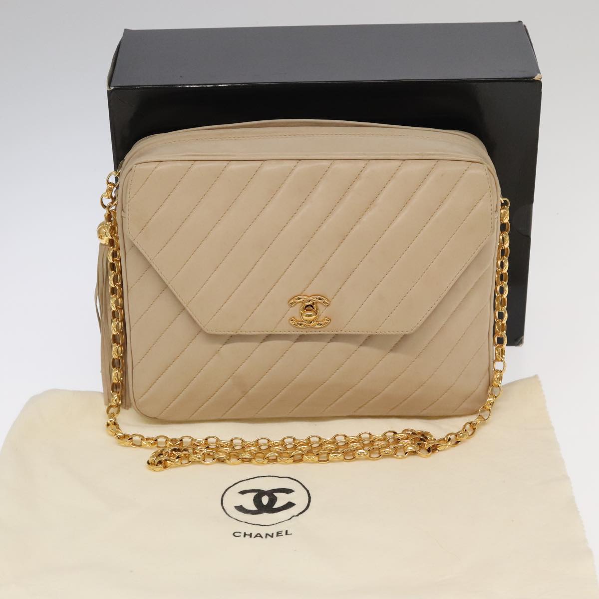 CHANEL Mademoiselle Chain Shoulder Bag Lamb Skin Beige Gold CC Auth bs20028