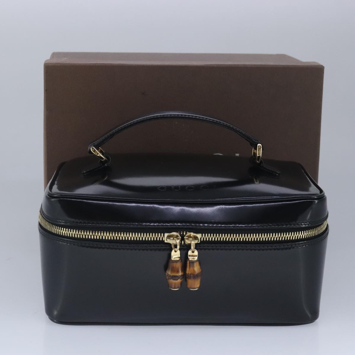 GUCCI Vanity Bamboo Pouch Enamel Black Gold 032 1956 0150 Auth bs20067