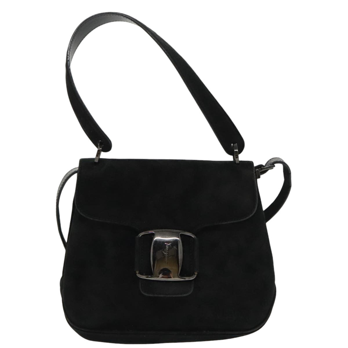 Salvatore Ferragamo Hand Bag Suede 2way Black Silver Auth bs20078