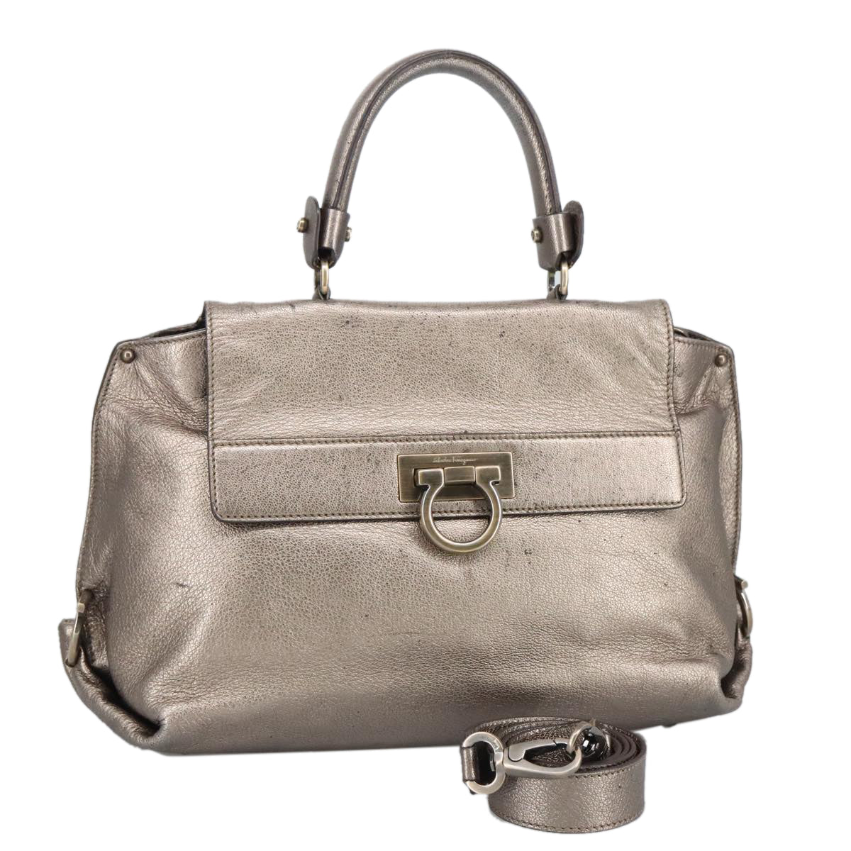 Salvatore Ferragamo Gancini Hand Bag Leather 2way Silver Auth bs20081