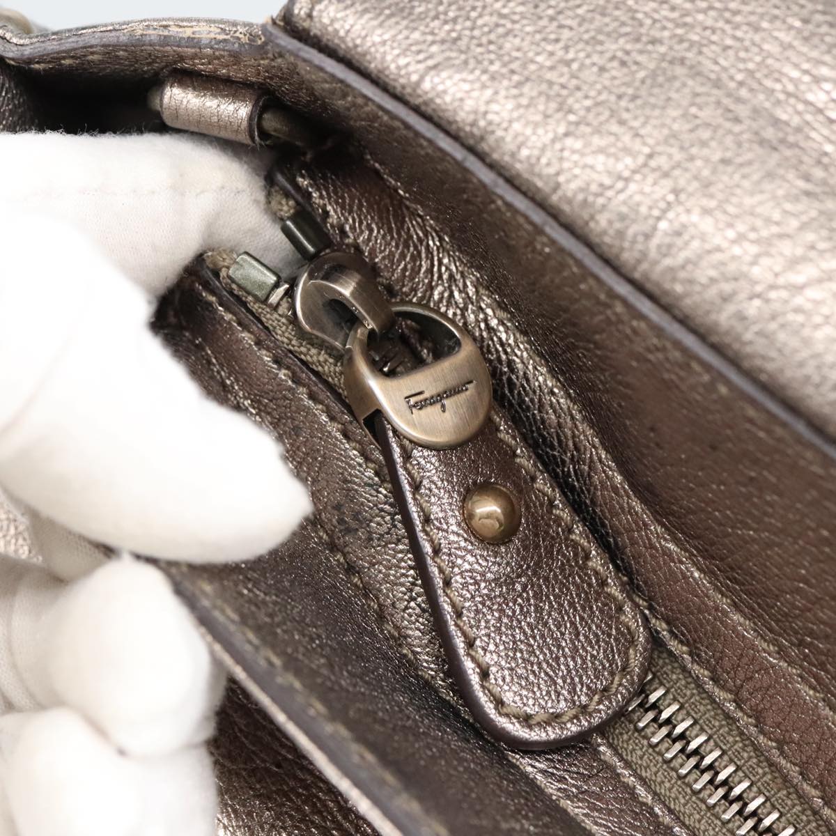 Salvatore Ferragamo Gancini Hand Bag Leather 2way Silver Auth bs20081