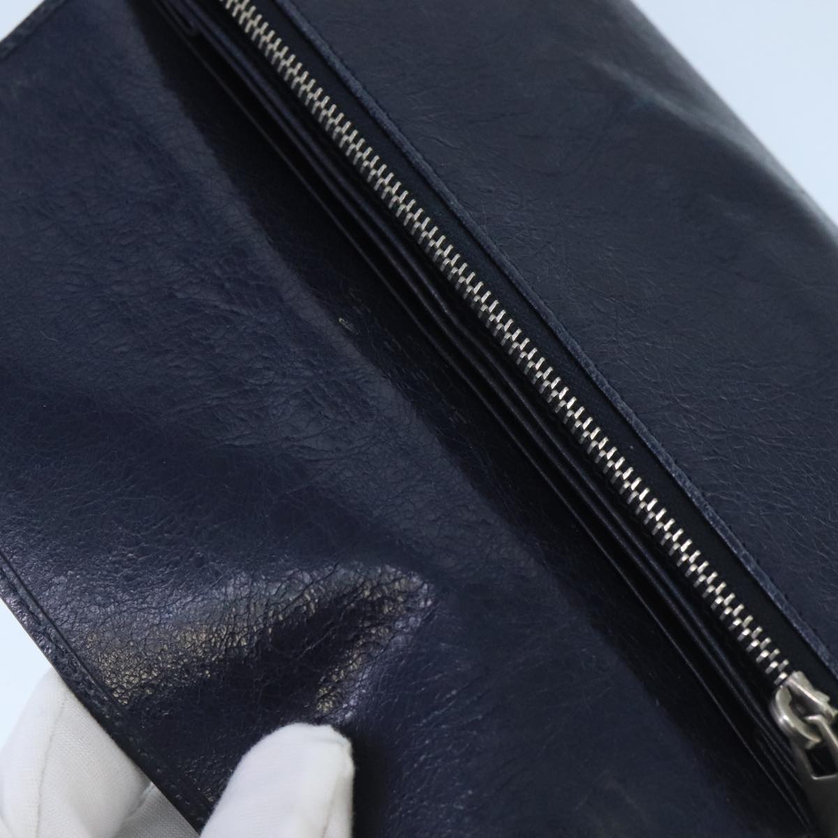 BALENCIAGA Long Wallet Leather Navy Silver Auth bs20089